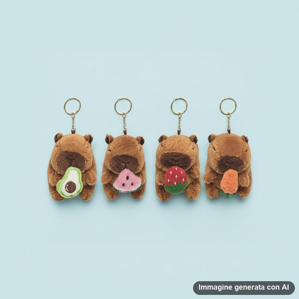 Quattro portachiavi in peluche a forma di capibara marrone con anellino dorato, ognuno con cibo diverso in bocca: avocado ver