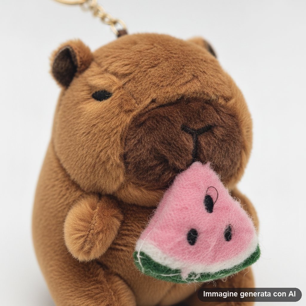 Quattro portachiavi in peluche a forma di capibara marrone con anellino dorato, ognuno con cibo diverso in bocca: avocado ver