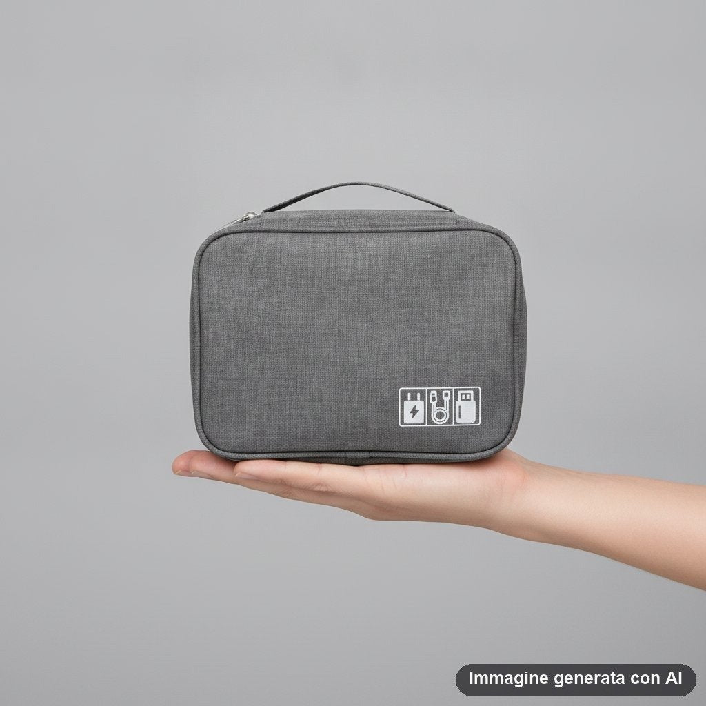 Quattro borse organizer per cavi e accessori nei colori grigio, bordeaux, blu navy e nero con maniglia