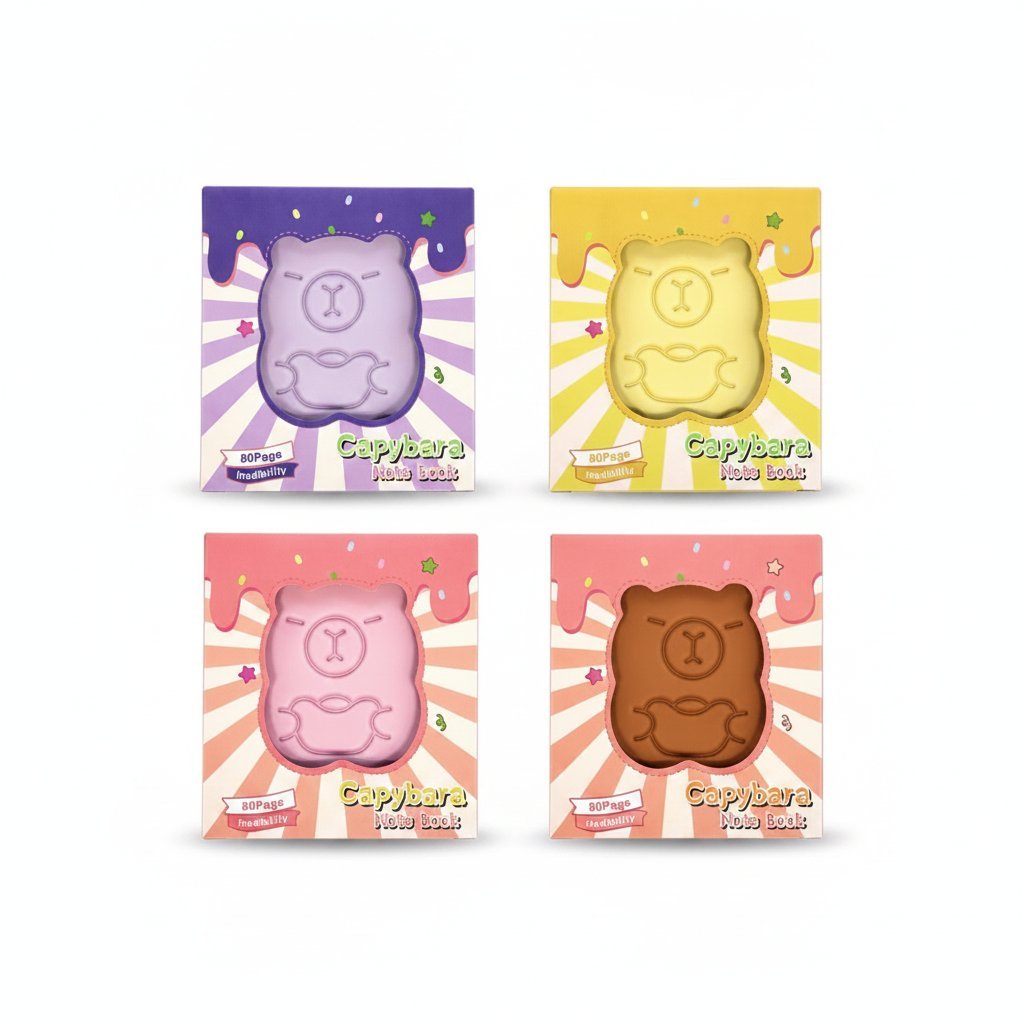Quattro quaderni 60 fogli con capybara kawaii nei colori viola, giallo, rosa e marrone con raggi di sole e stelline