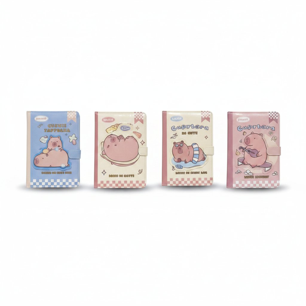 Quattro quaderni con copertina illustrata a capibara e maialini, nei toni azzurro, crema e rosa