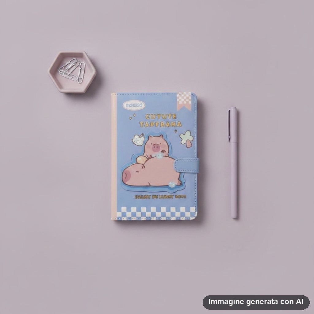 Quattro quaderni a righe con copertina rigida decorata da ippopotami disegnati in stile kawaii, colori pastello azzurro rosa