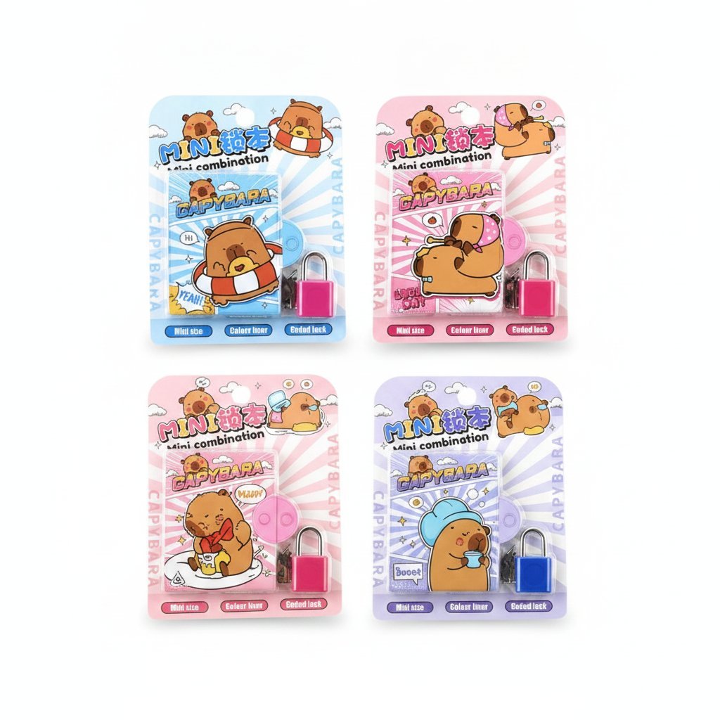 Quattro quaderni mini con serratura colorata e disegni di capybara kawaii in tonalità blu, rosa e viola con nuvole e dettagli