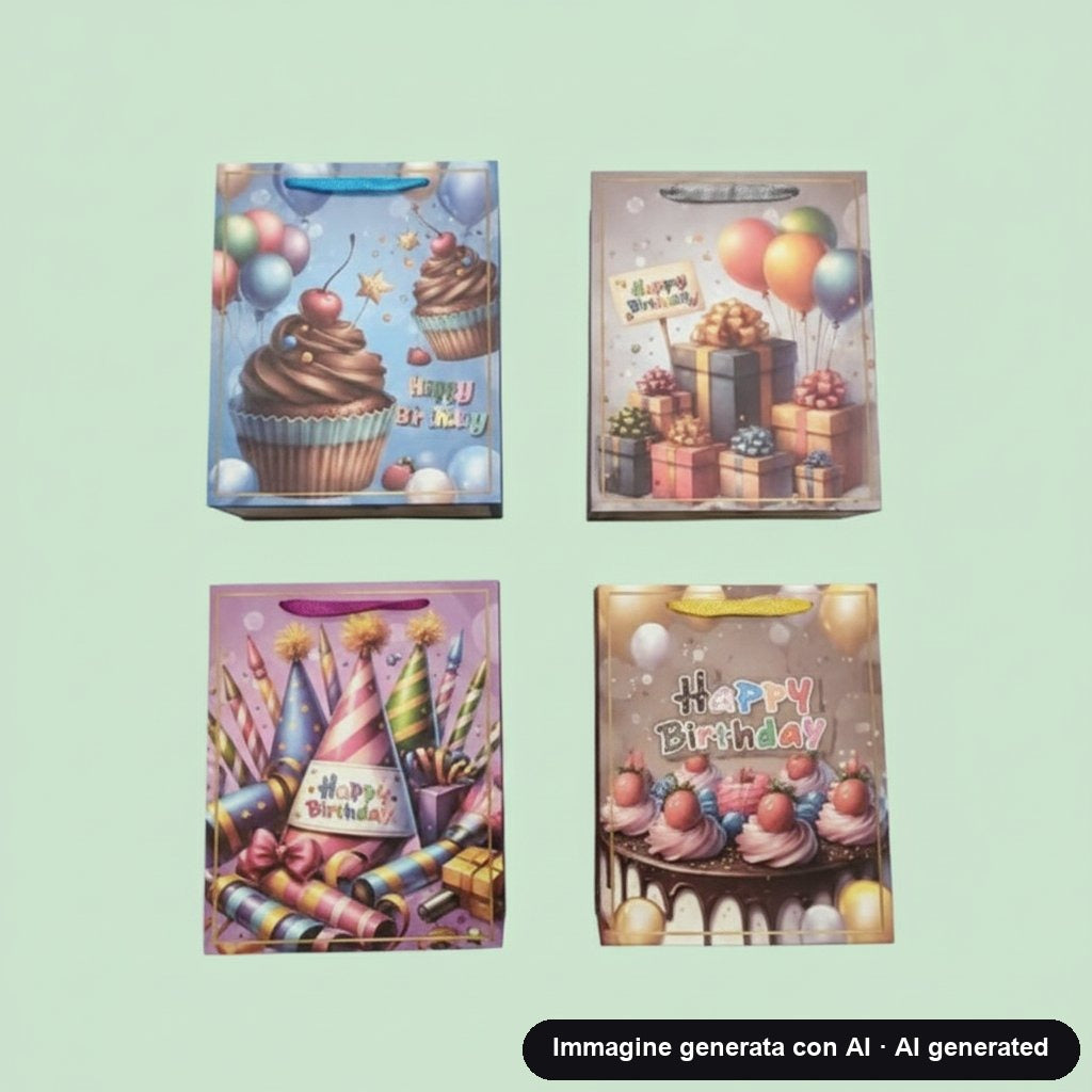 Due shopper regalo, una viola con cappellini di festa e stelle filanti e una azzurra con cupcake e palloncini
