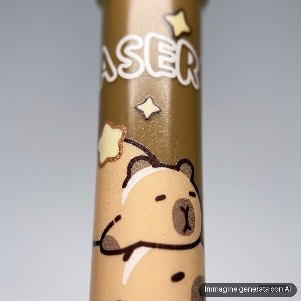 Due gomme a forma di penna con capibara disegnati, nei toni marrone e beige