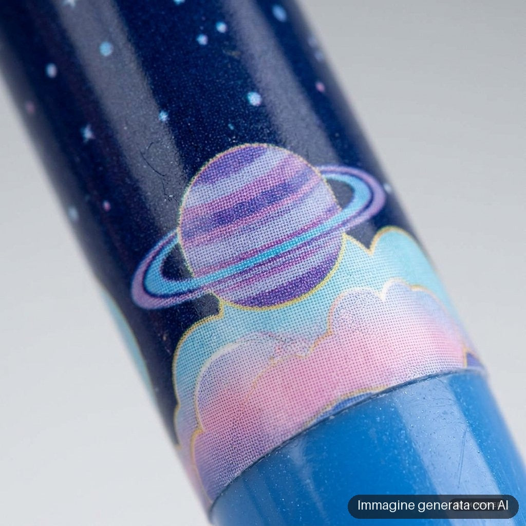 Gomme a forma di penna blu e viola con pianeti, stelle e nuvole disegnate
