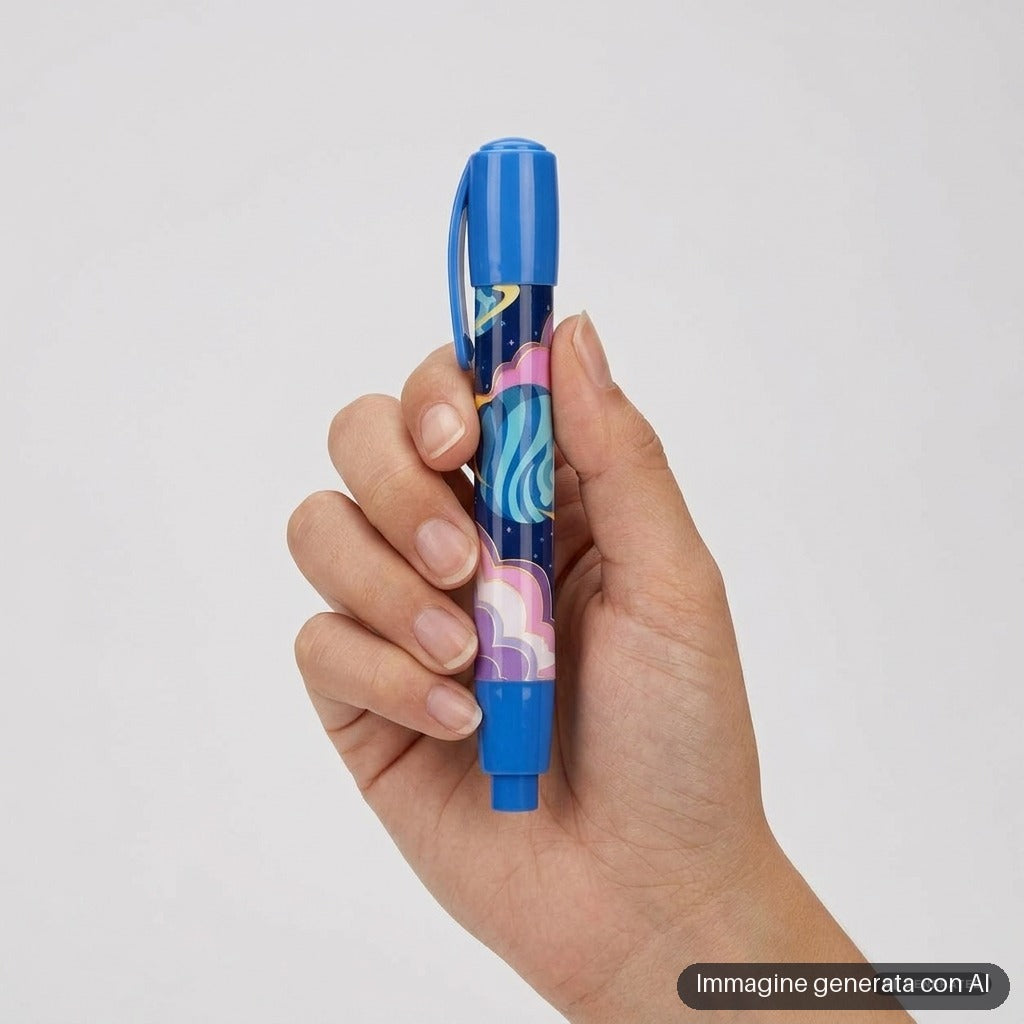 Gomme a forma di penna blu e viola con pianeti, stelle e nuvole disegnate