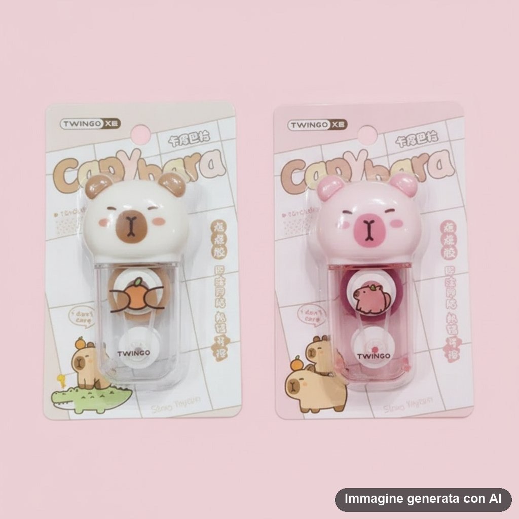 Due correttori a forma di capibara, uno beige e uno rosa pastello, con disegno kawaii e confezione colorata