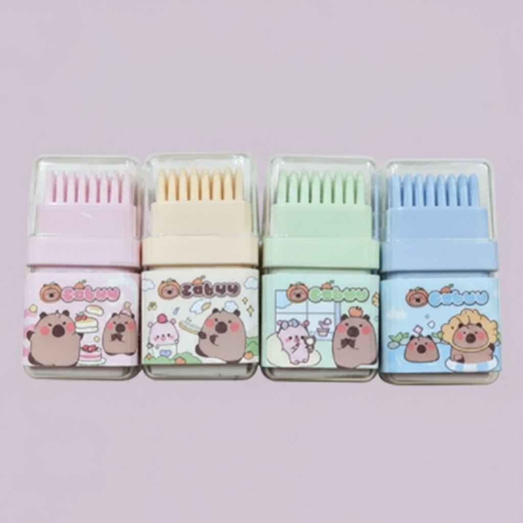 Set di quattro gomme a forma di capibara nei colori rosa, crema, verde menta e azzurro con design kawaii e scene divertenti