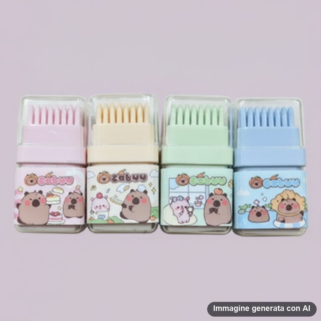 Set di quattro gomme a forma di capibara nei colori rosa, crema, verde menta e azzurro con design kawaii e scene divertenti