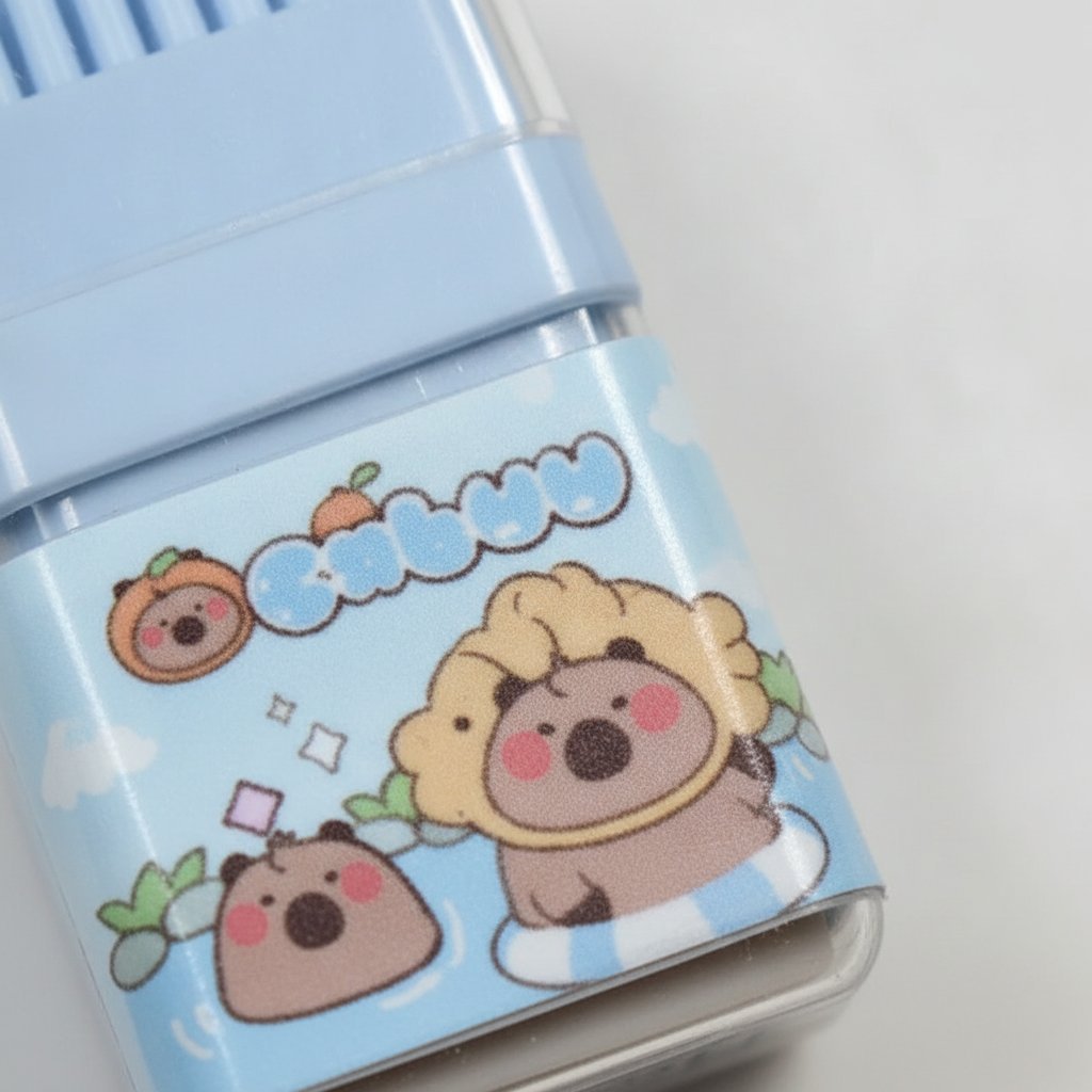 Set di quattro gomme a forma di capibara nei colori rosa, crema, verde menta e azzurro con design kawaii e scene divertenti