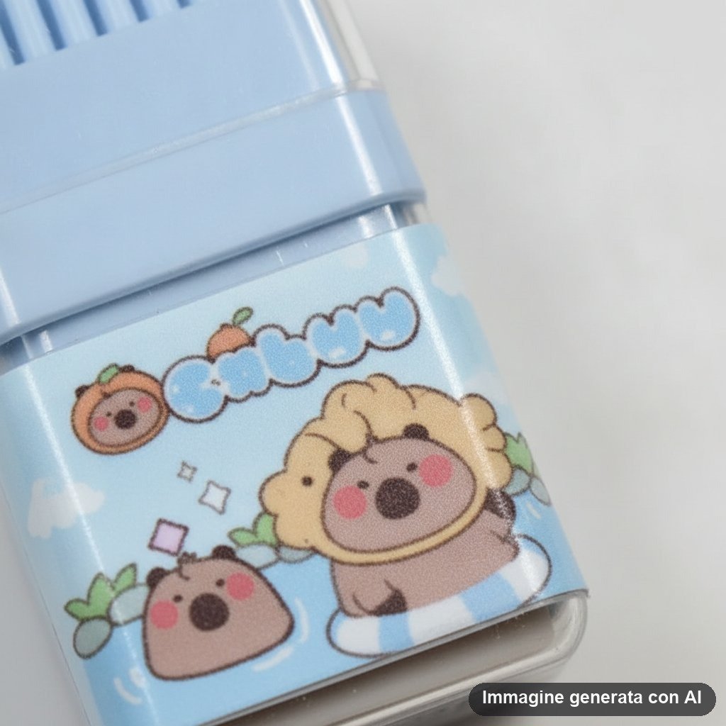 Set di quattro gomme a forma di capibara nei colori rosa, crema, verde menta e azzurro con design kawaii e scene divertenti