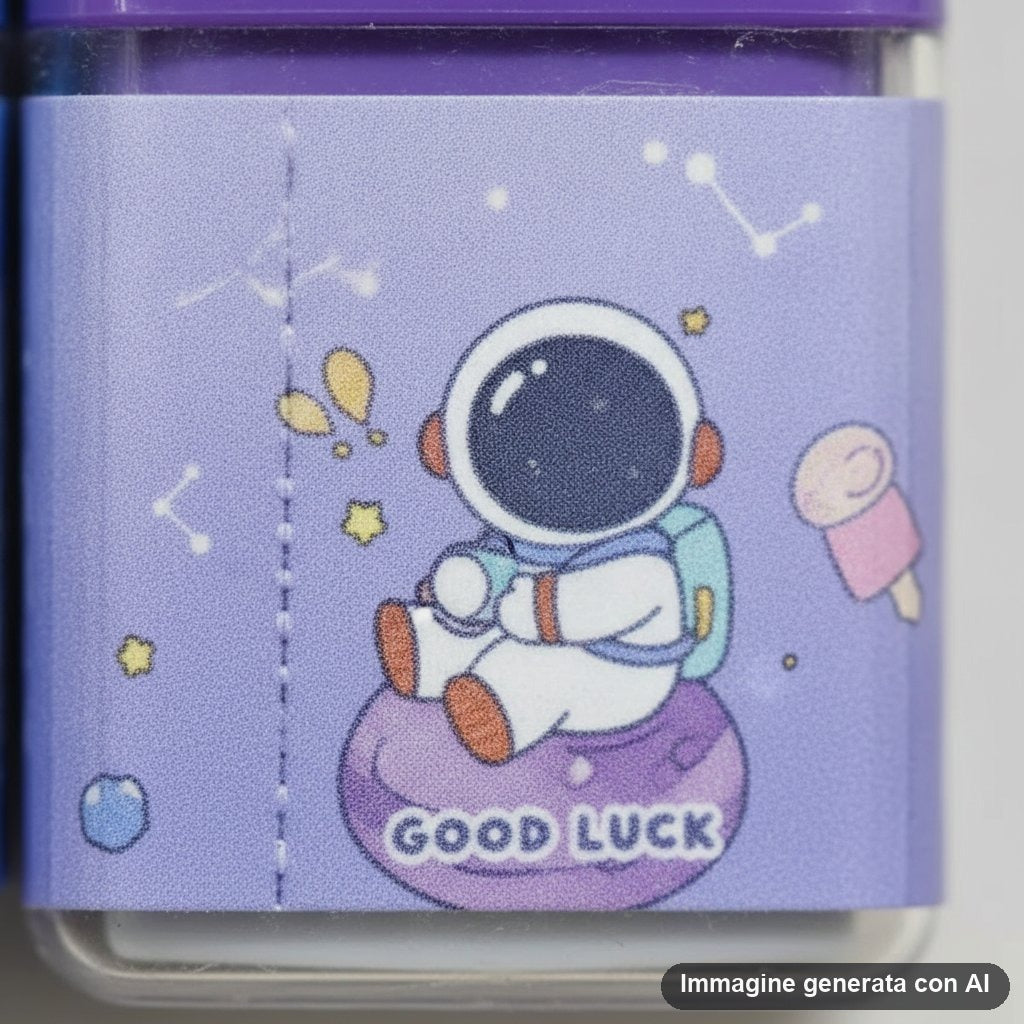 Quattro gomme da cancellare azzurre e viola in custodia trasparente, con astronauti disegnati