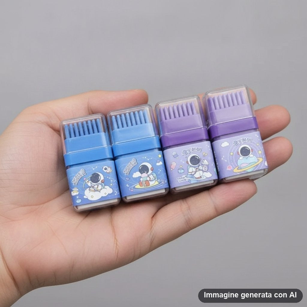 Quattro gomme da cancellare azzurre e viola in custodia trasparente, con astronauti disegnati