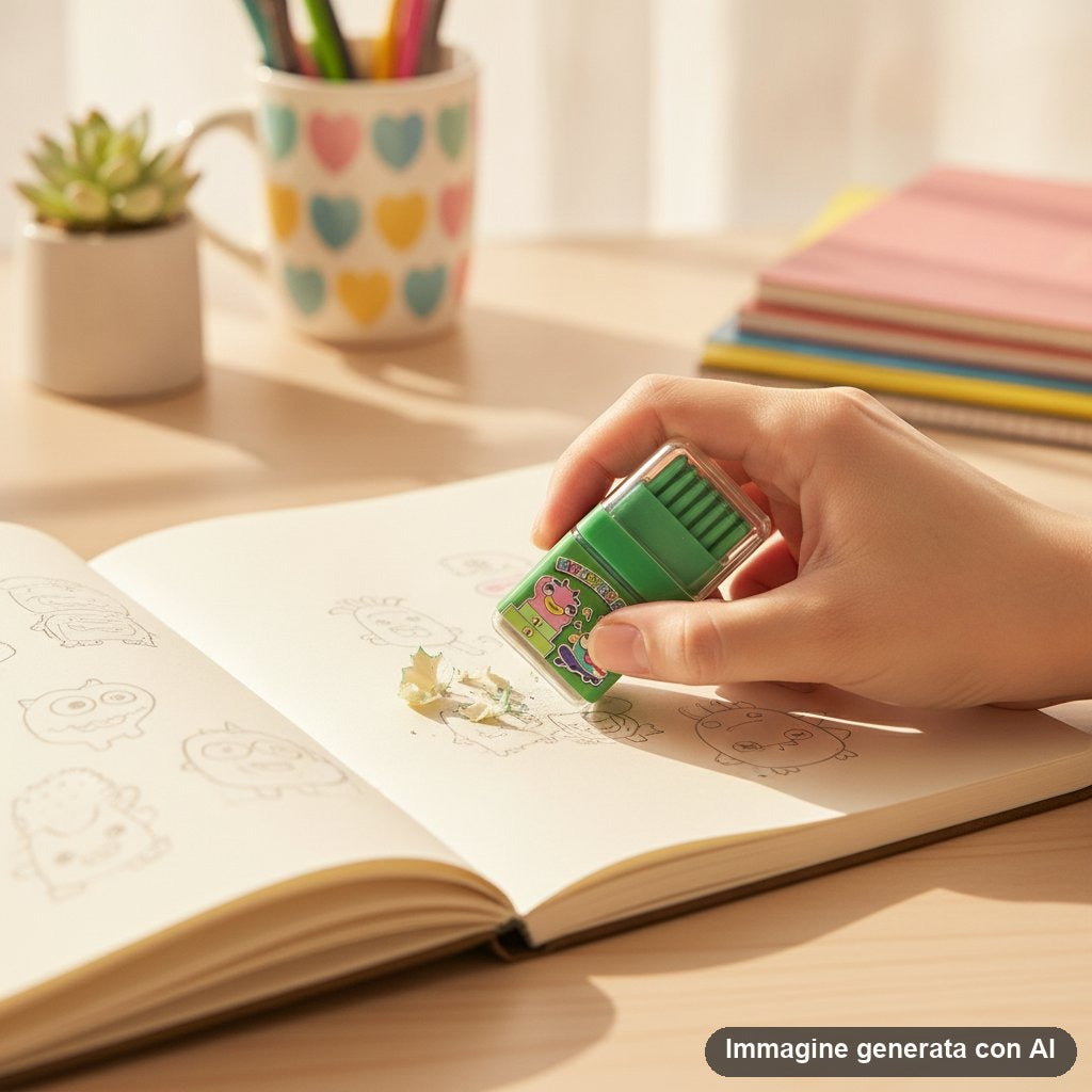 Quattro gomme da cancellare colorate nella custodia trasparente, con mostriciattoli disegnati