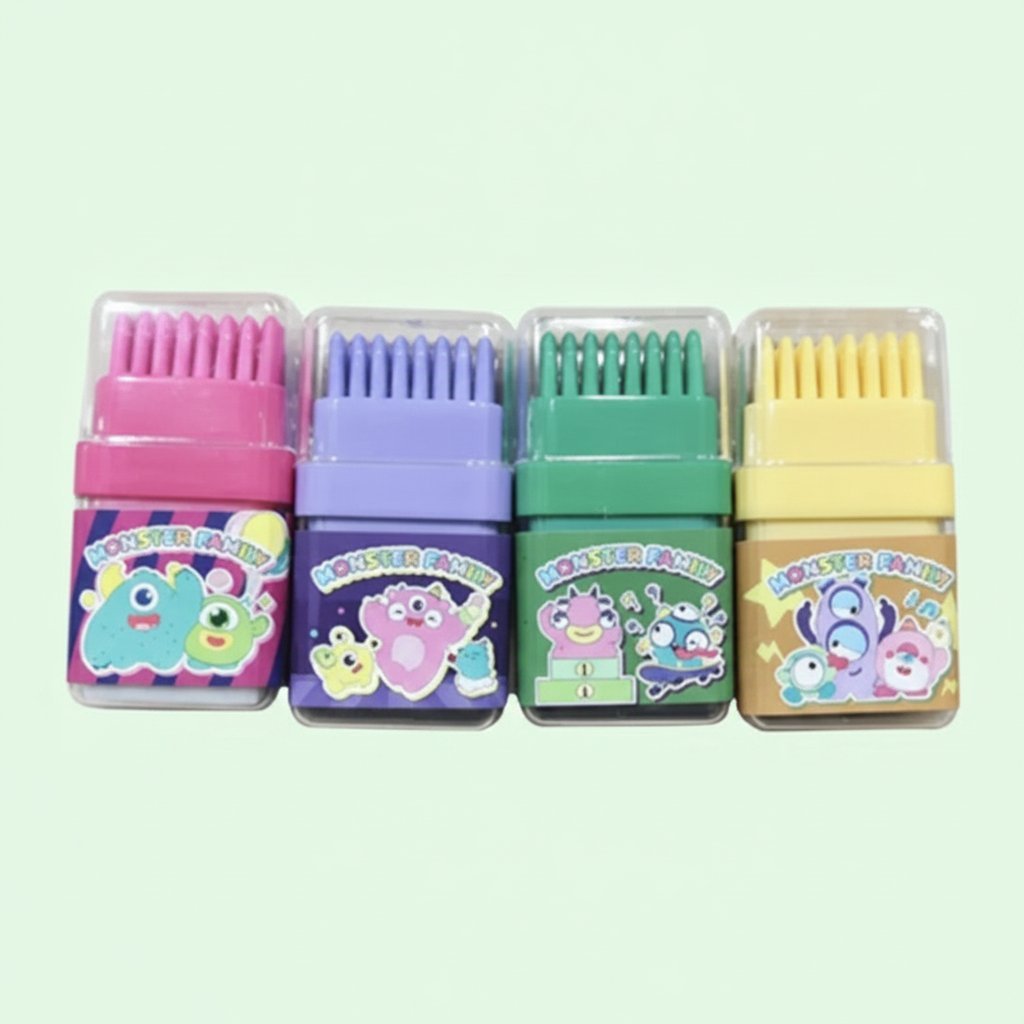 Set di quattro gomme colorate rosa blu verde e gialla con disegni di mostri kawaii e scritte Monster Family