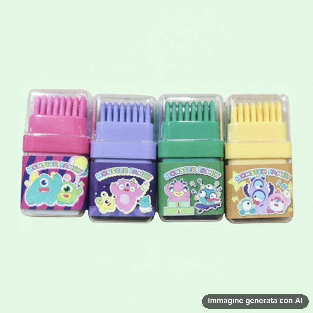 Quattro gomme da cancellare colorate nella custodia trasparente, con mostriciattoli disegnati
