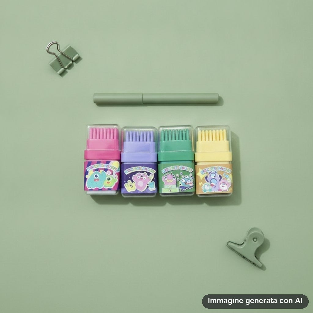 Quattro gomme da cancellare colorate nella custodia trasparente, con mostriciattoli disegnati
