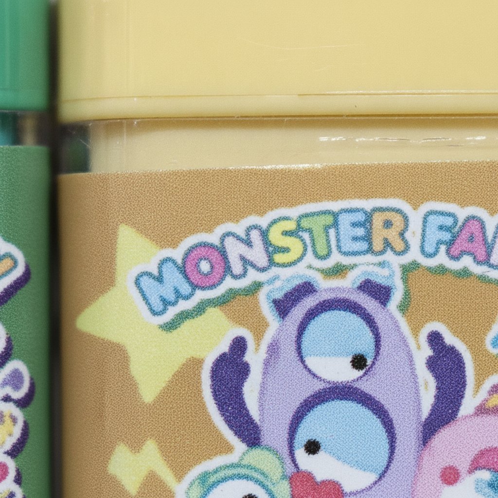 Set di quattro gomme colorate rosa blu verde e gialla con disegni di mostri kawaii e scritte Monster Family
