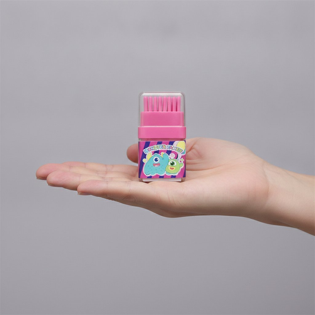 Set di quattro gomme colorate rosa blu verde e gialla con disegni di mostri kawaii e scritte Monster Family
