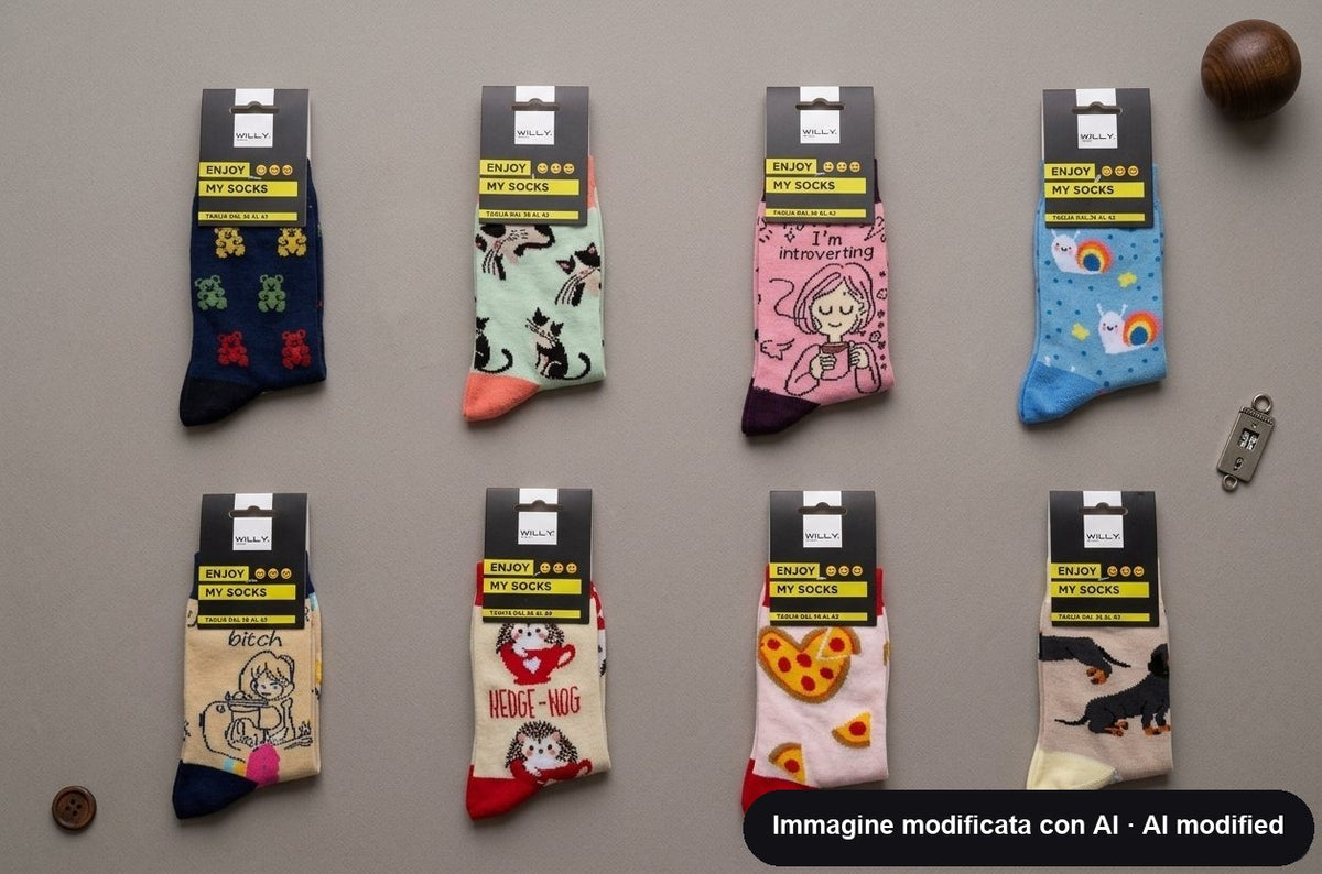 Calzini da donna taglia 36-42 con fantasie assortite: gatti, ricci, pizza, arcobaleni e bassotto