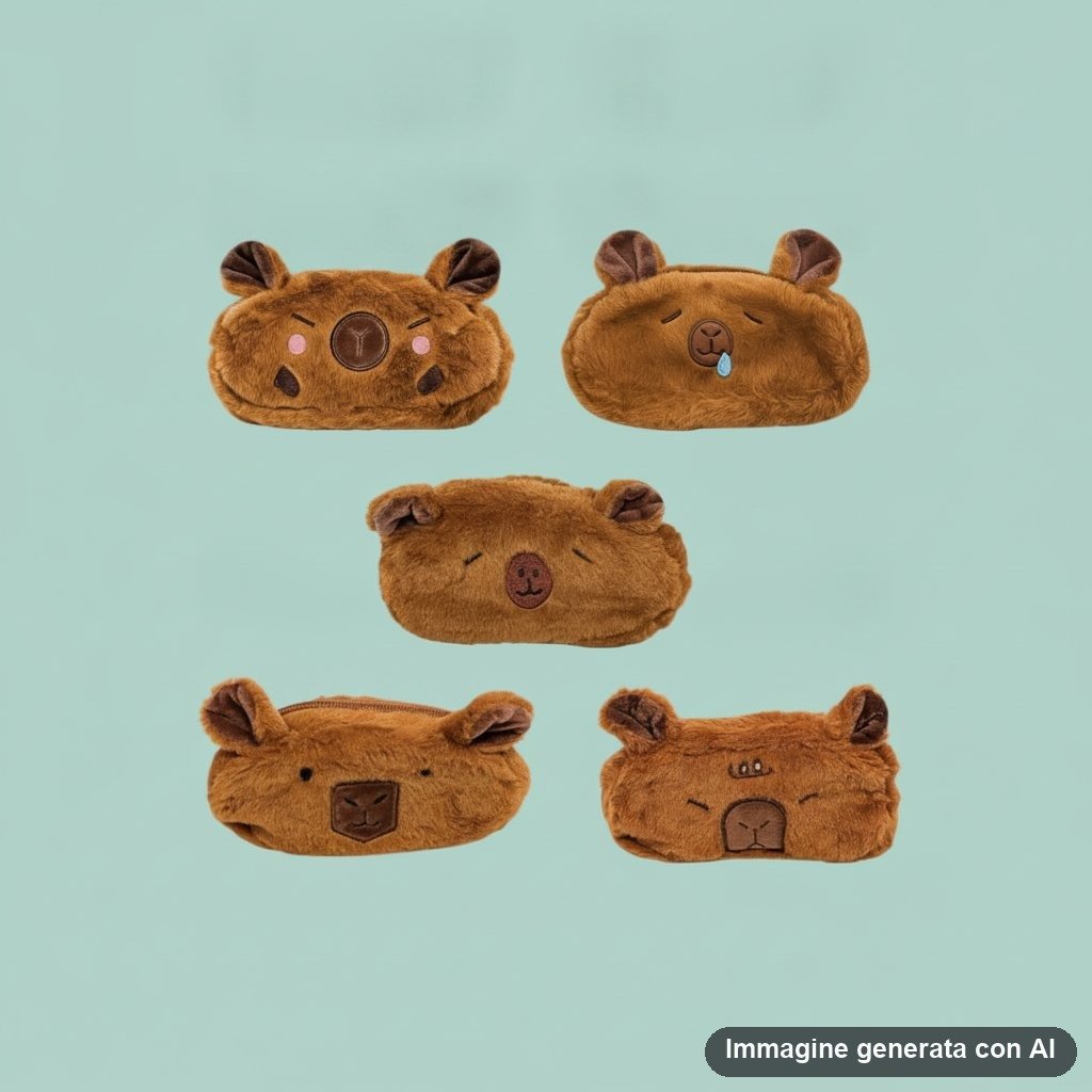 Set di cinque astucci peluche a forma di capibara con diverse espressioni facciali in tonalità marrone