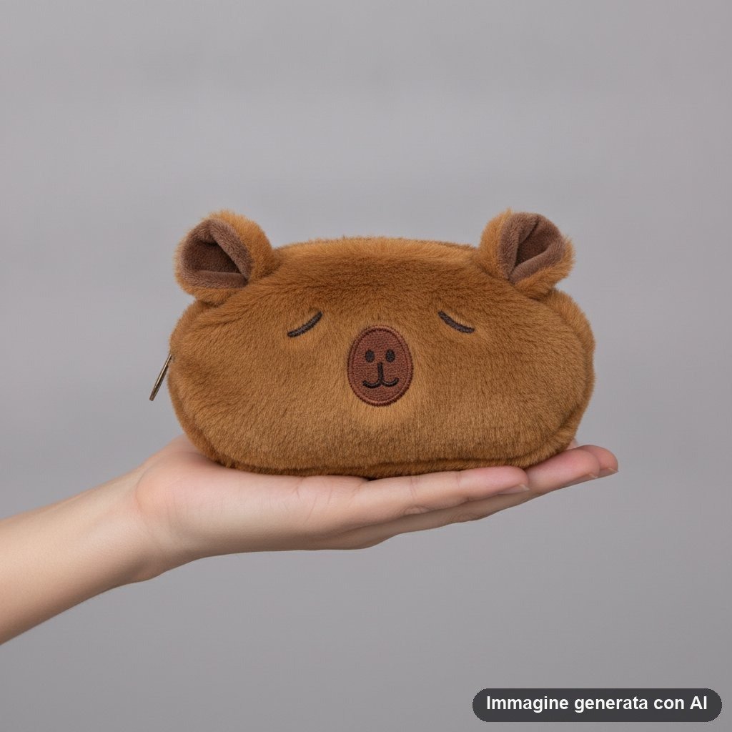 Set di cinque astucci peluche a forma di capibara con diverse espressioni facciali in tonalità marrone