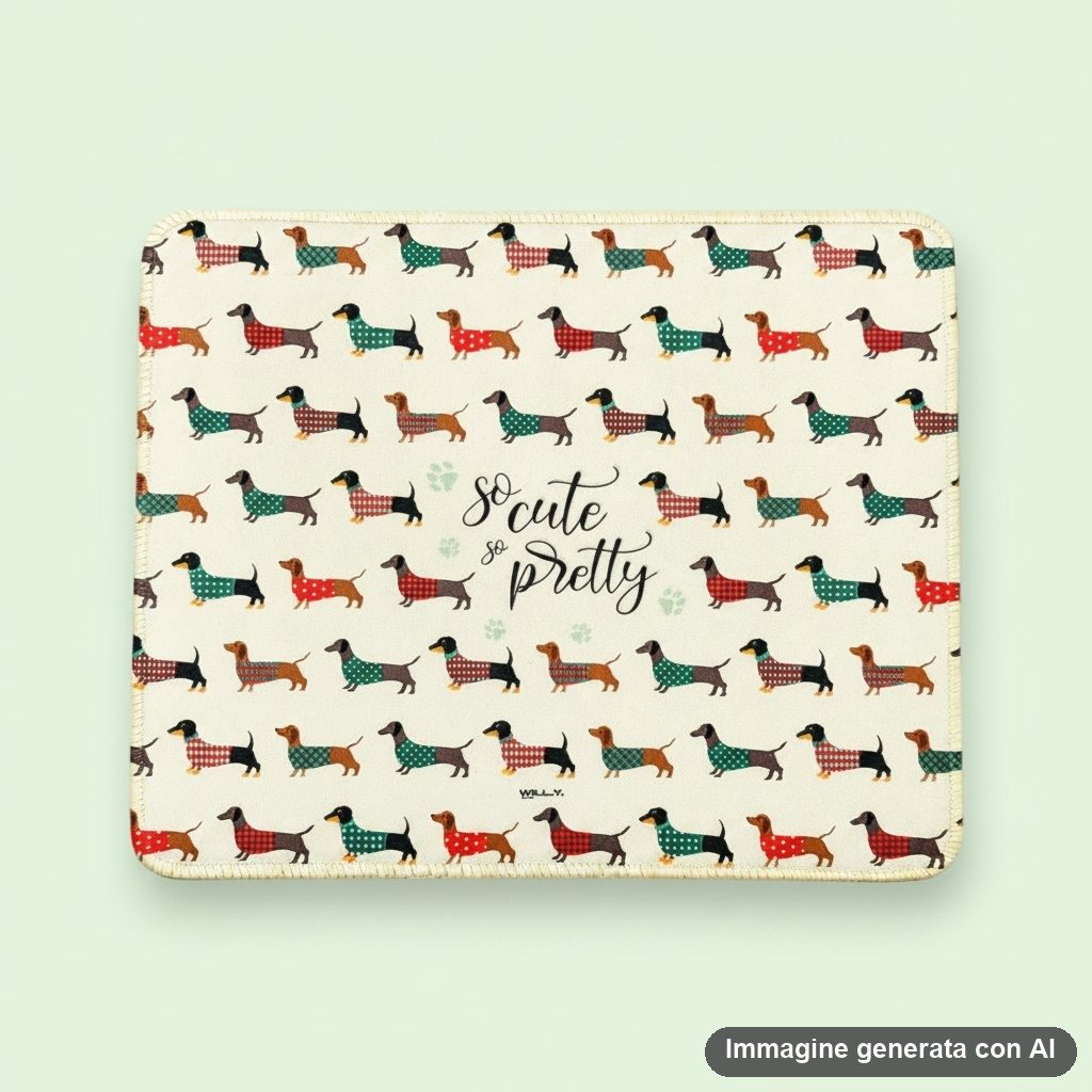 Tappetino mouse beige con bassotti marrone e nero indossano maglie scozzesi rosse e turchesi, scritta so cute so pretty al ce