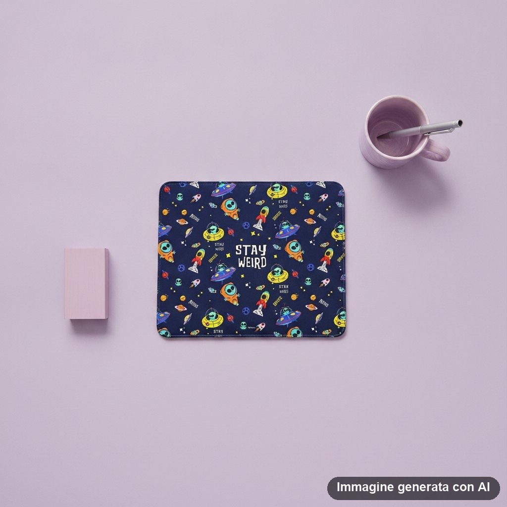 Tappetino mouse con stampa di alieni verdi, navicelle spaziali colorate, razzi e scritte Stay Weird su fondo blu scuro