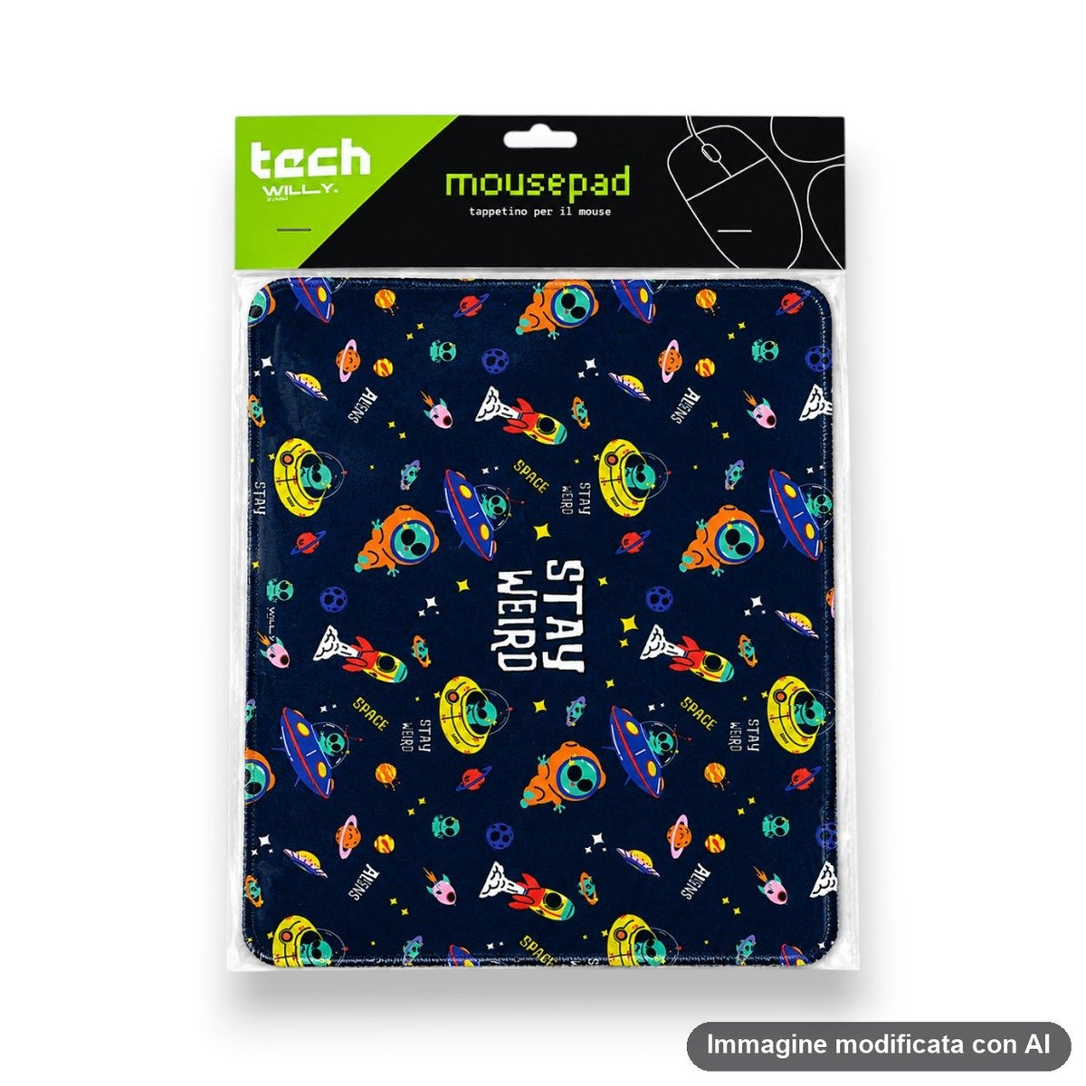 Tappetino mouse con stampa di alieni verdi, navicelle spaziali colorate, razzi e scritte Stay Weird su fondo blu scuro