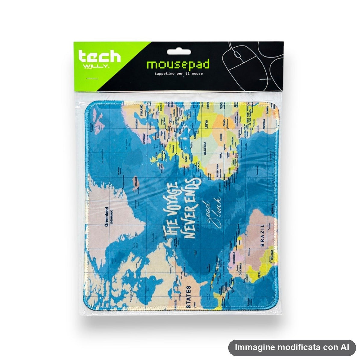 Tappetino mouse rettangolare con mappa geografica mondiale, continenti gialli e oceani azzurri, scritte bianche 'The voyage n