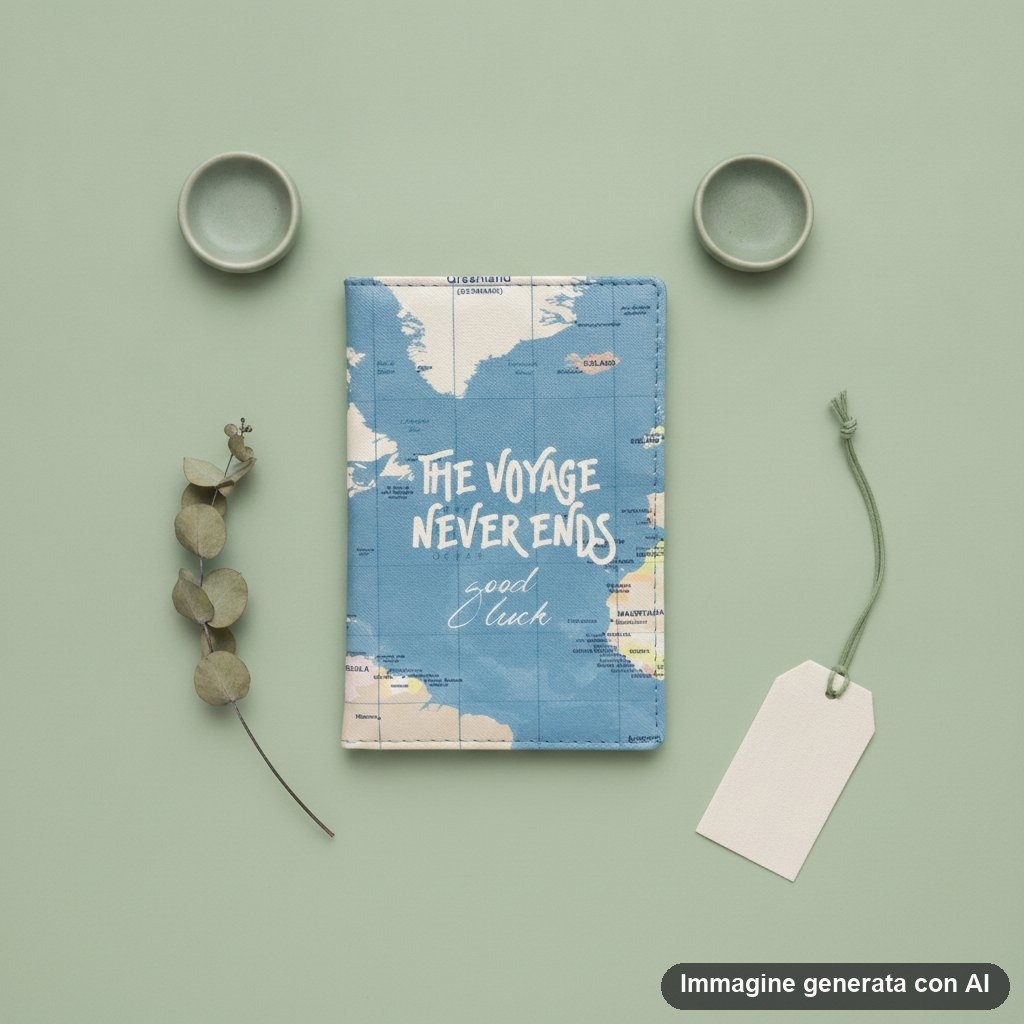 Custodia passaporto con mappa geografica del mondo in tonalità blu e beige con scritta il viaggio non finisce mai
