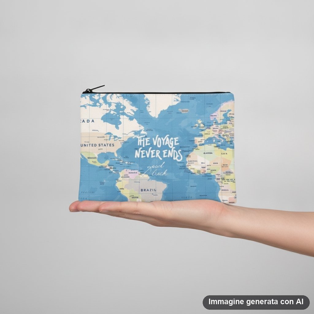 Tre pochette con zip: una con mappa del mondo e scritta viaggio, una celeste con gatti ripetuti, una beige con bassotti color
