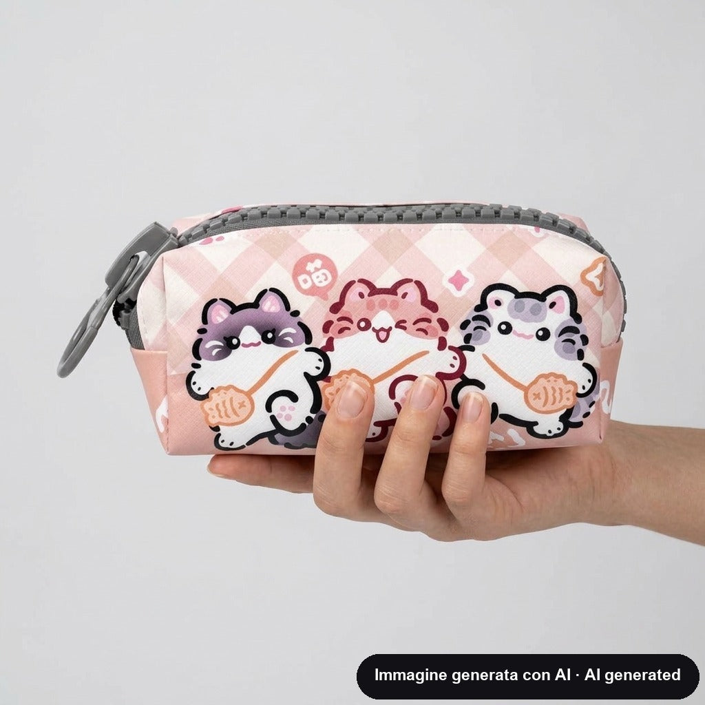 Astuccio rosa a quadretti con zip e gattini disegnati in stile kawaii