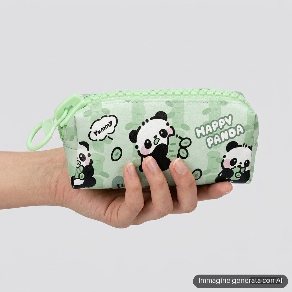 Astuccio verde con zip e panda disegnati in stile kawaii