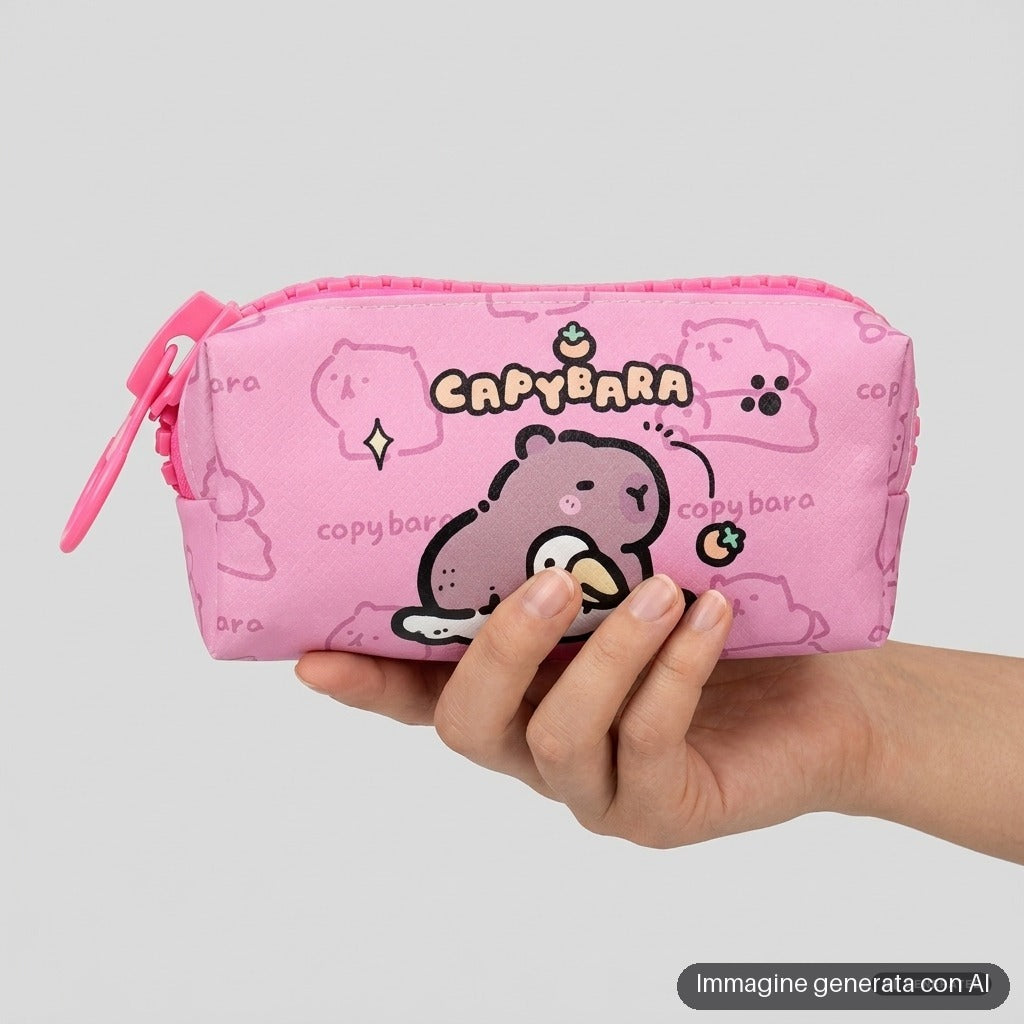 Astuccio rosa con zip e capibara disegnati in stile kawaii