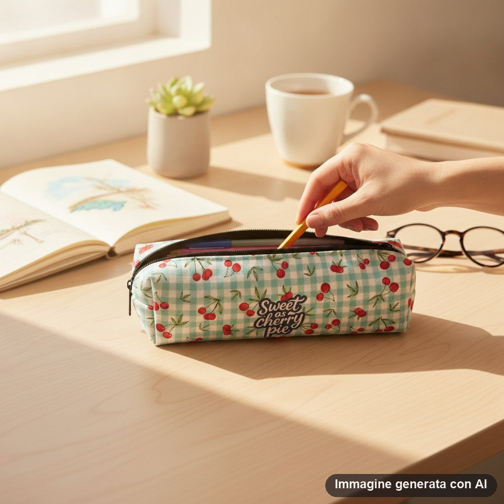 Astuccio rettangolare con zip a quadretti verde acqua con ciliegie rosse disegnate