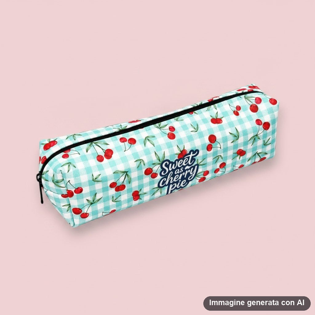 Astuccio rettangolare con zip a quadretti verde acqua con ciliegie rosse disegnate