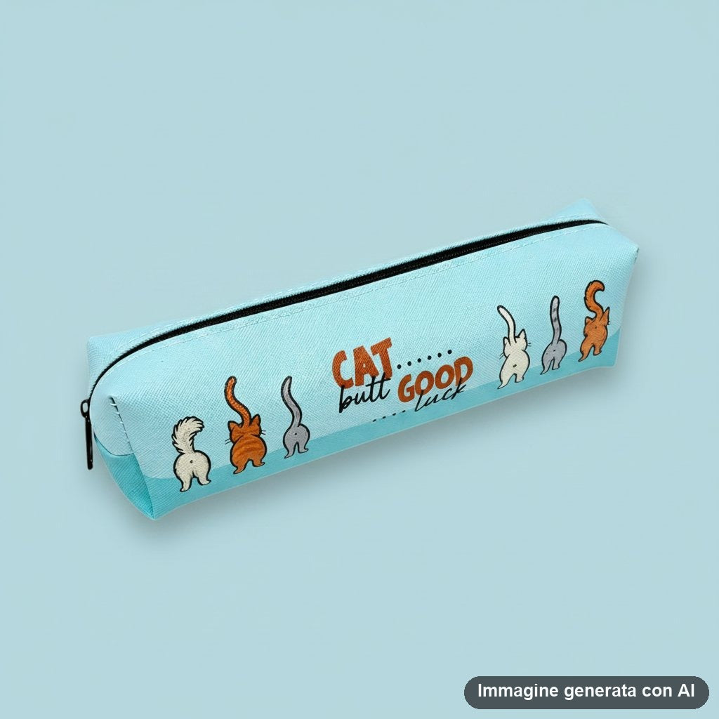 Astuccio rettangolare con zip azzurro, con gatti di schiena disegnati e scritte