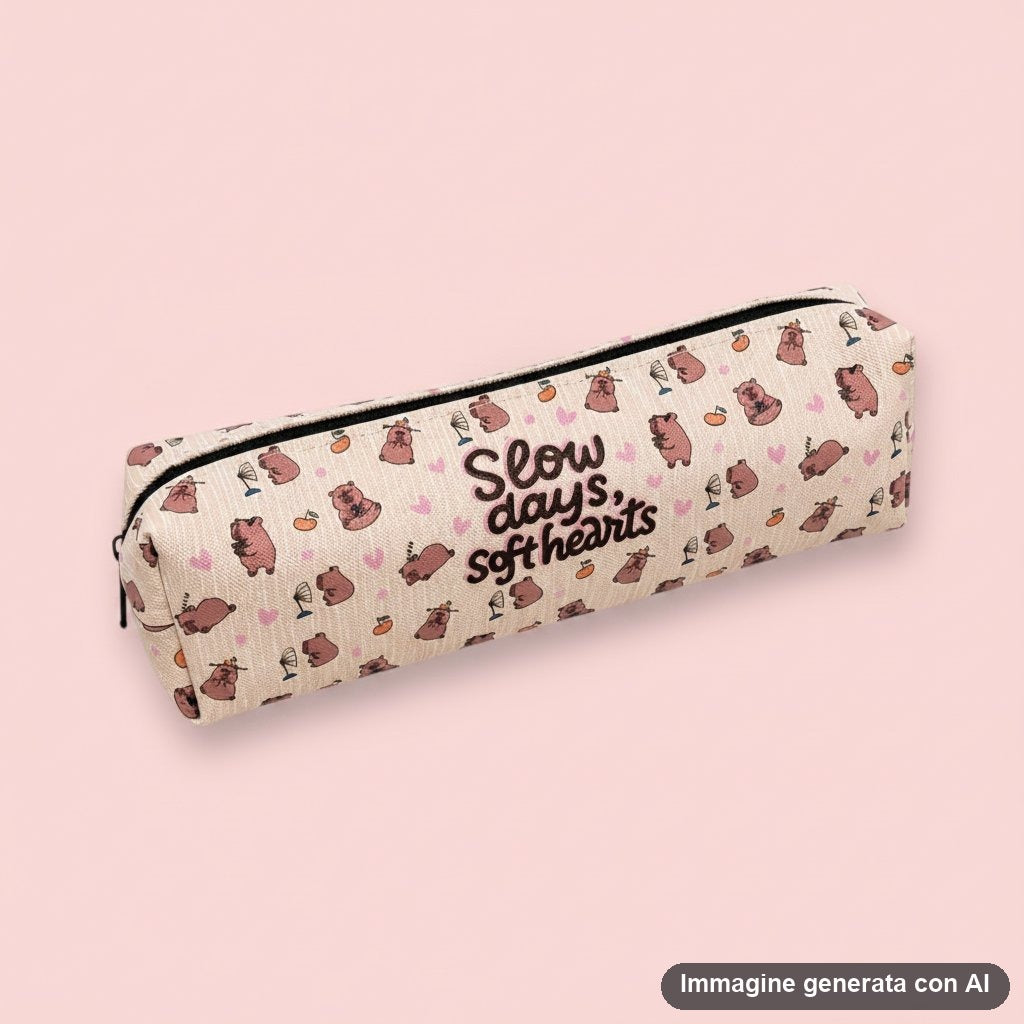 Astuccio rettangolare con zip color rosa cipria, con capibara disegnati e cuoricini