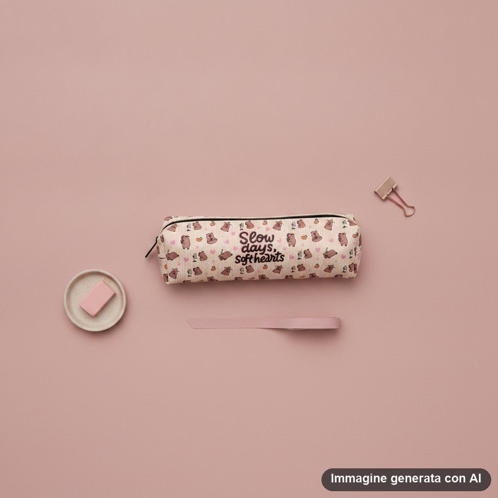 Astuccio rettangolare con zip color rosa cipria, con capibara disegnati e cuoricini