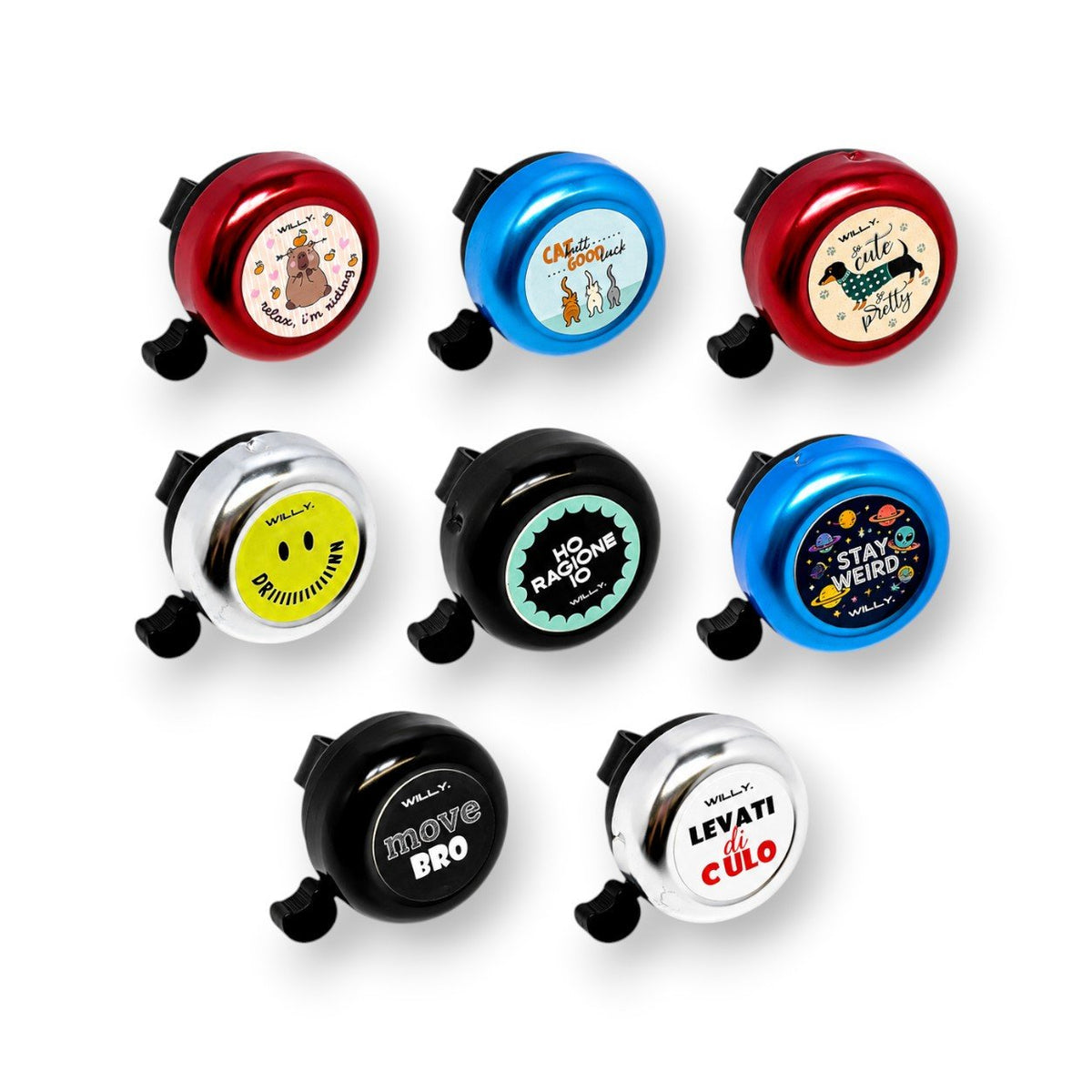 Sei campanelli bicicletta colorati con disegni kawaii e frasi ironiche, disponibili in rosso, blu, bianco e nero