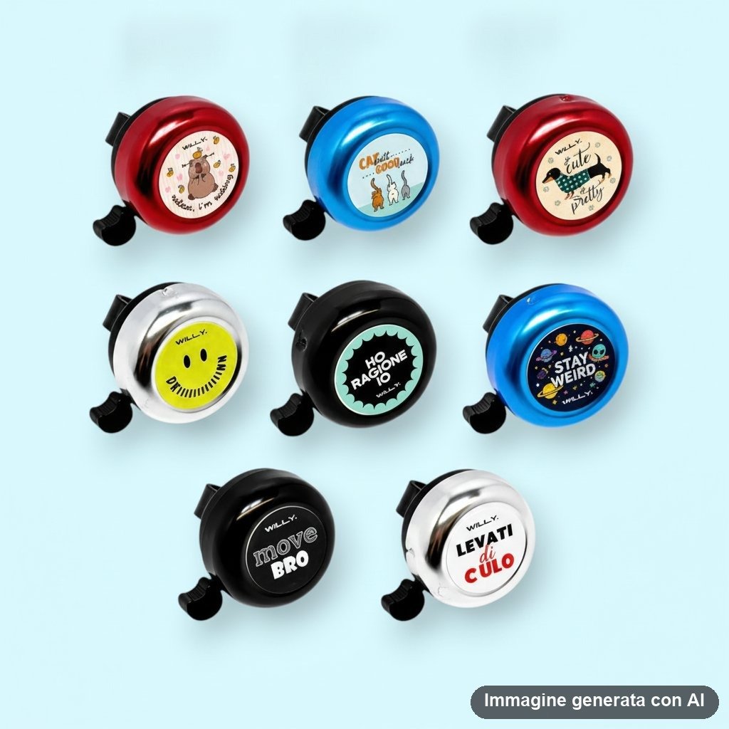 Sei campanelli bicicletta colorati con disegni kawaii e frasi ironiche, disponibili in rosso, blu, bianco e nero