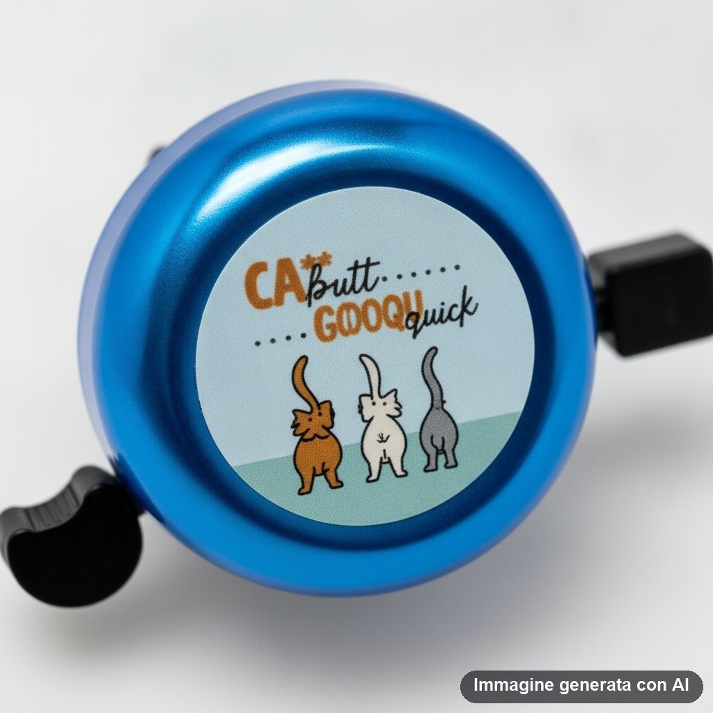 Sei campanelli bicicletta colorati con disegni kawaii e frasi ironiche, disponibili in rosso, blu, bianco e nero