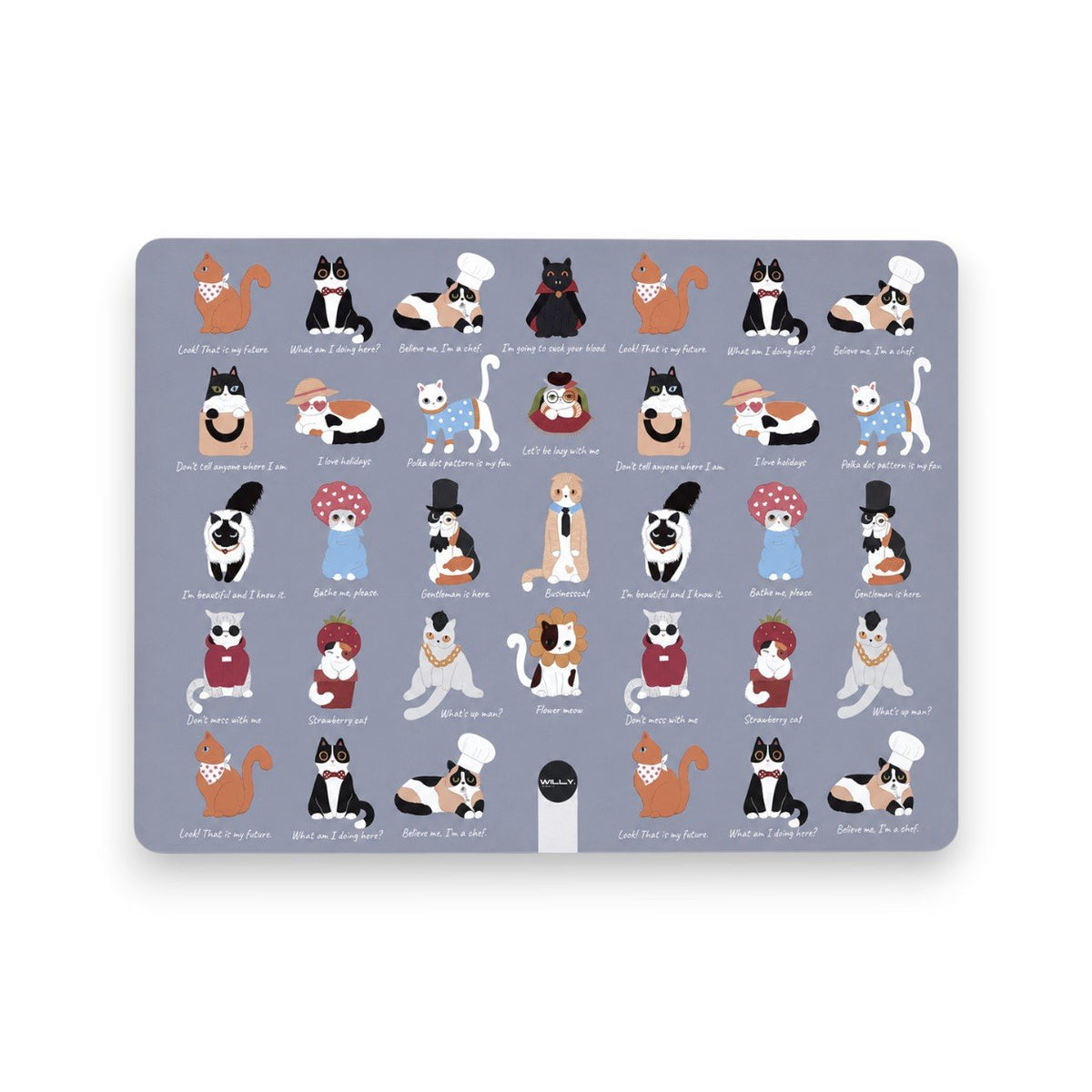 Tovaglietta americana rigida con pattern di gatti kawaii colorati e frasi umoristiche su sfondo grigio-lavanda