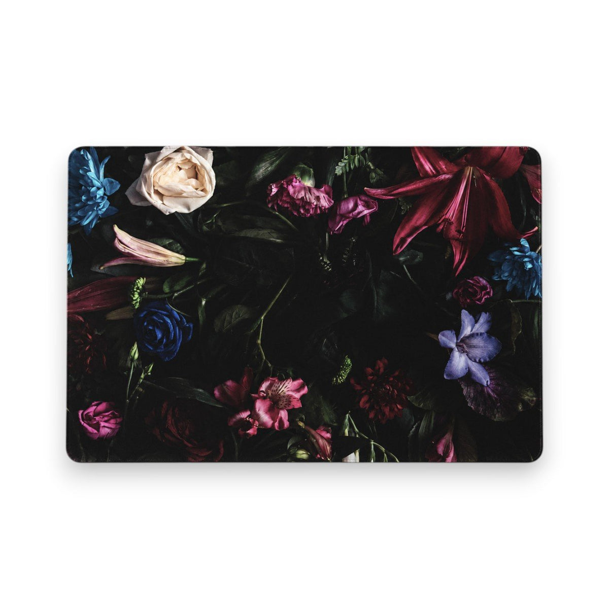 Tovaglietta americana con stampa floreale romantica su sfondo nero con rose, gigli e fiori colorati
