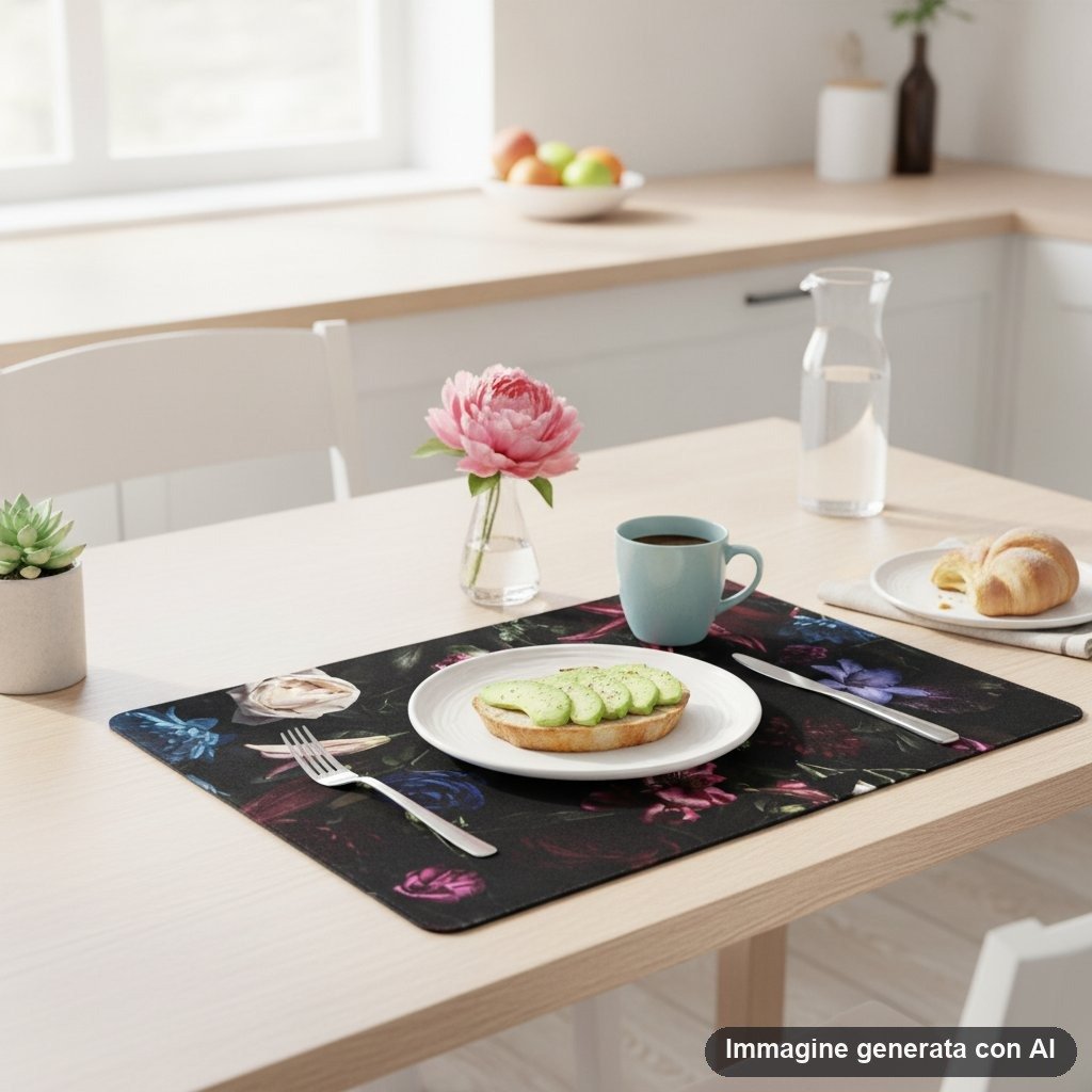 Tovaglietta americana con stampa floreale romantica su sfondo nero con rose, gigli e fiori colorati