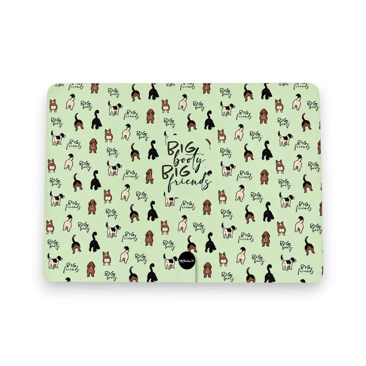 Tovaglietta americana con disegno di cani in diverse razze e scritte big booty big friends su sfondo verde pastello