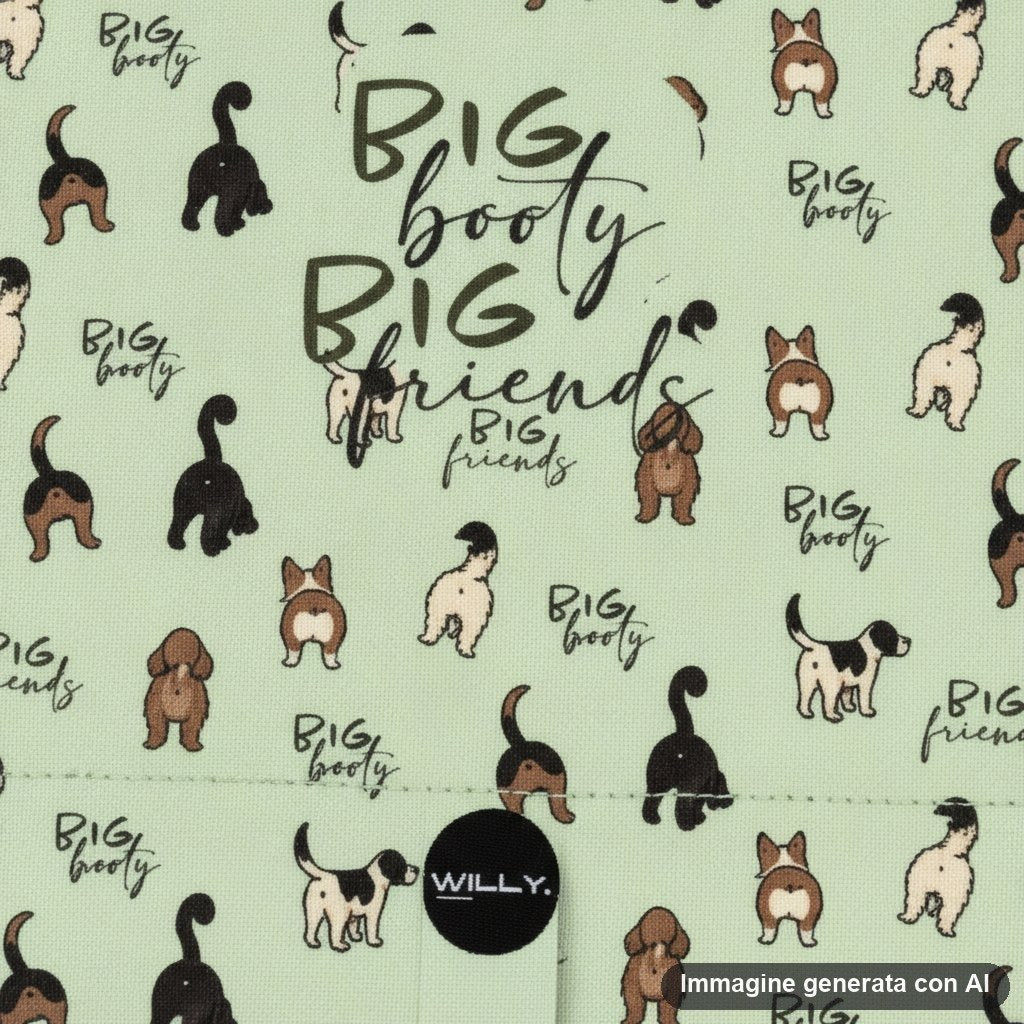 Tovaglietta americana con disegno di cani in diverse razze e scritte big booty big friends su sfondo verde pastello