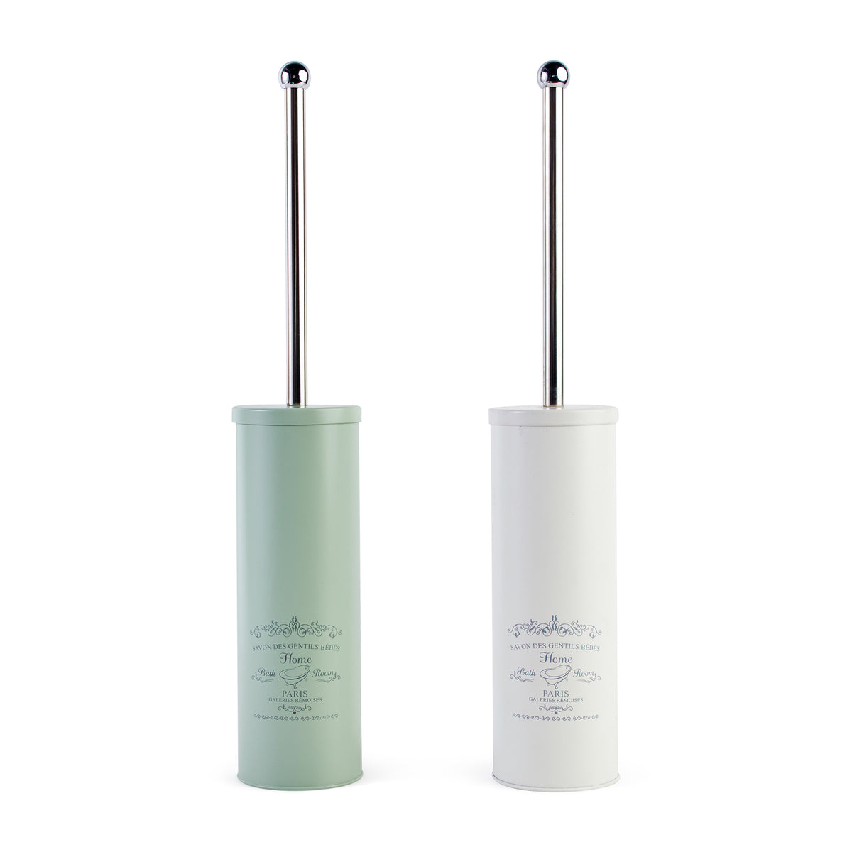 Set scopino da bagno con porta-scopino cilindrico in metallo, verde salvia e bianco, decoro vintage Paris - Willy Be Smart